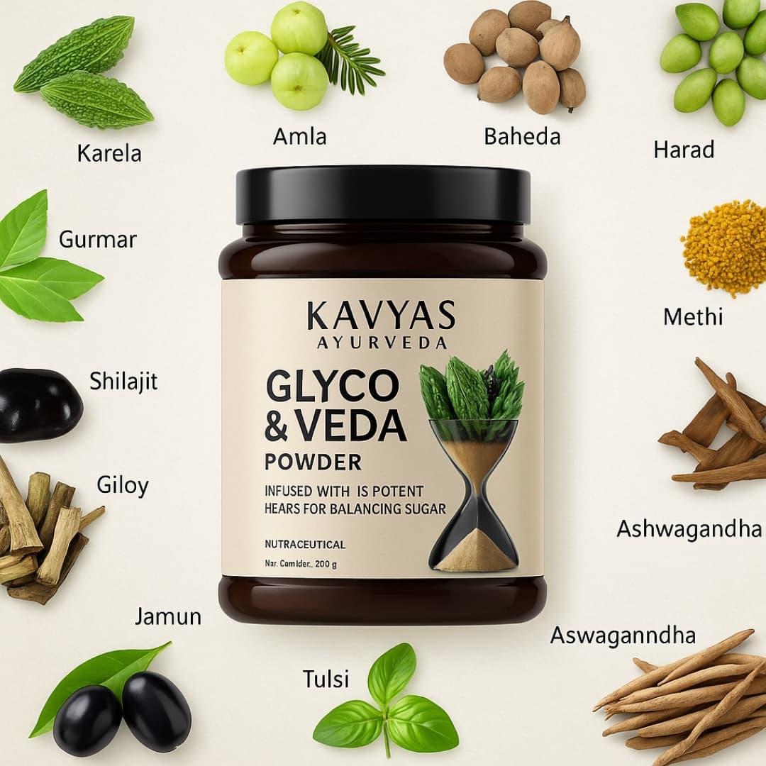 Kavyas Ayurveda Combo  Glyco Veda Sugar Control & Diabetic Wellness Formula – 30 Capsules & 240g Powder